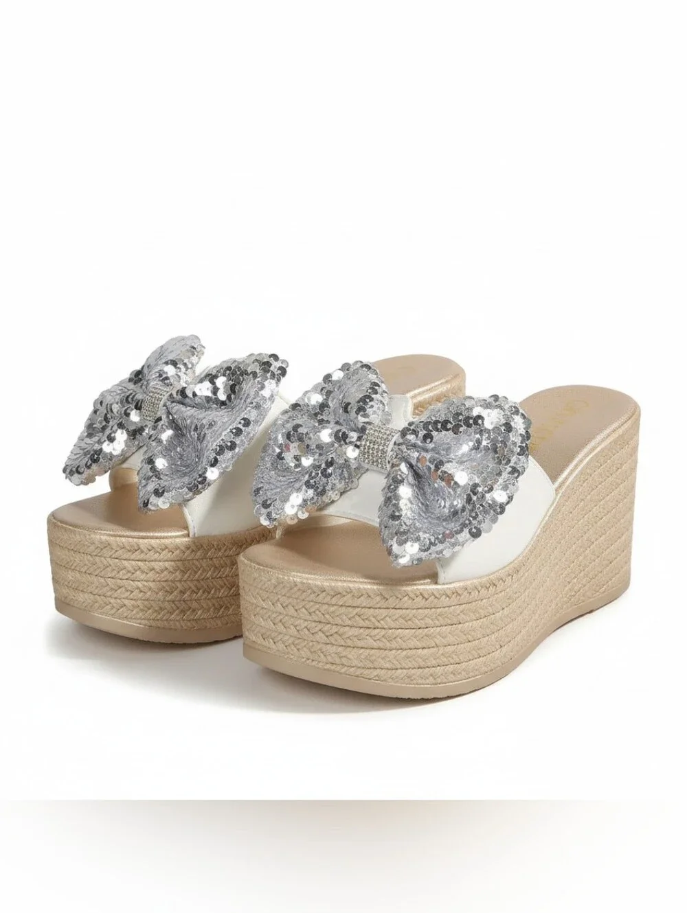 Oversized Sequin Bow Open Toe Shoes Chunky Sparkle Bling Platform Wedge Sandals